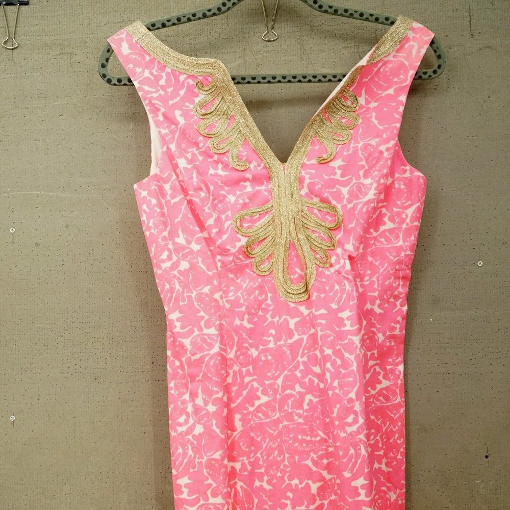 Lilly Pulitzer Size 2 Hot Pink Gold Brocade Shift Mini Dress Cotton Style 52590